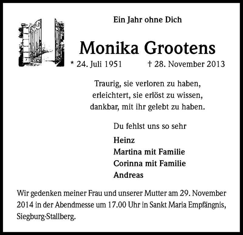  Traueranzeige für Monika Grootens vom 28.11.2014 aus Kölner Stadt-Anzeiger / Kölnische Rundschau / Express