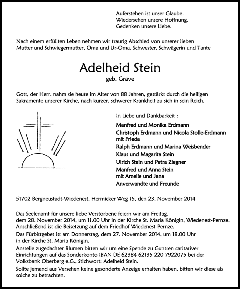  Traueranzeige für Adelheid Stein vom 25.11.2014 aus Kölner Stadt-Anzeiger / Kölnische Rundschau / Express