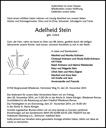 Anzeige von Adelheid Stein von Kölner Stadt-Anzeiger / Kölnische Rundschau / Express