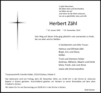 Anzeige von Herbert Zähl von Kölner Stadt-Anzeiger / Kölnische Rundschau / Express
