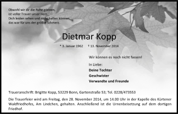 Anzeige von Dietmar Kopp von Kölner Stadt-Anzeiger / Kölnische Rundschau / Express