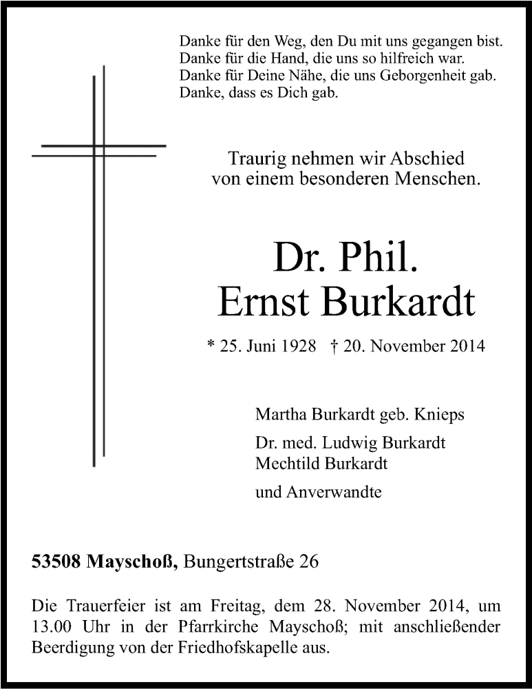  Traueranzeige für Ernst Burkhardt vom 25.11.2014 aus Kölner Stadt-Anzeiger / Kölnische Rundschau / Express