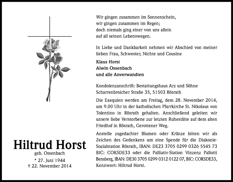 Traueranzeige für Hiltrud Horst vom 26.11.2014 aus Kölner Stadt-Anzeiger / Kölnische Rundschau / Express