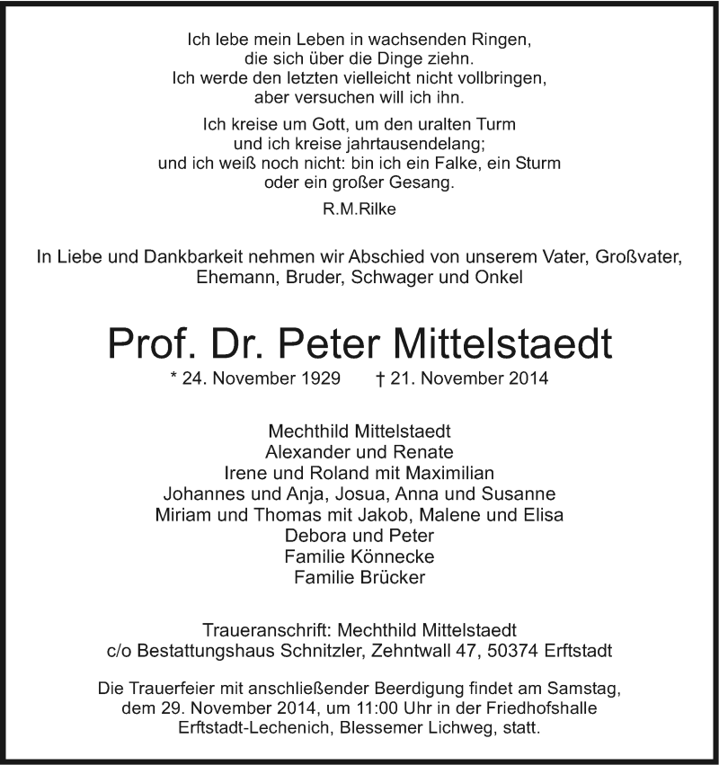  Traueranzeige für Peter Mittelstaedt vom 26.11.2014 aus Kölner Stadt-Anzeiger / Kölnische Rundschau / Express