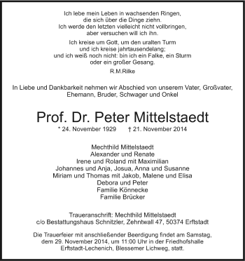 Anzeige von Peter Mittelstaedt von Kölner Stadt-Anzeiger / Kölnische Rundschau / Express