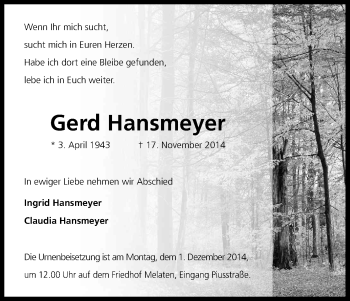 Anzeige von Gerd Hansmeyer von Kölner Stadt-Anzeiger / Kölnische Rundschau / Express