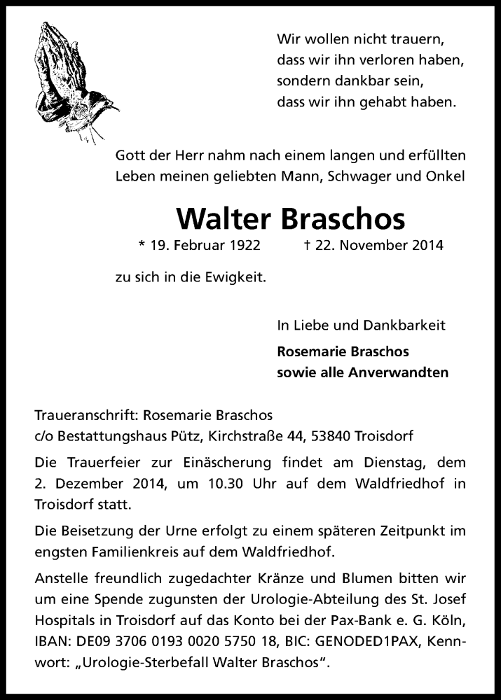  Traueranzeige für Walter Braschos vom 29.11.2014 aus Kölner Stadt-Anzeiger / Kölnische Rundschau / Express