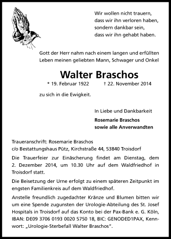 Anzeige von Walter Braschos von Kölner Stadt-Anzeiger / Kölnische Rundschau / Express
