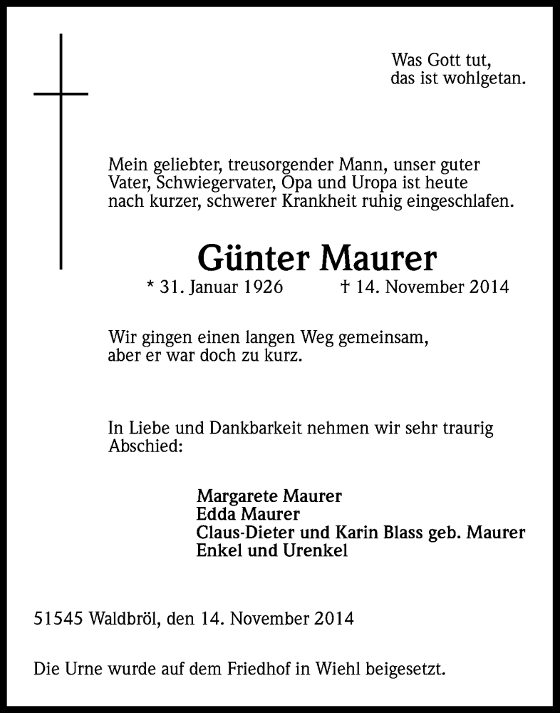 Traueranzeige für Günter Maurer vom 26.11.2014 aus Kölner Stadt-Anzeiger / Kölnische Rundschau / Express