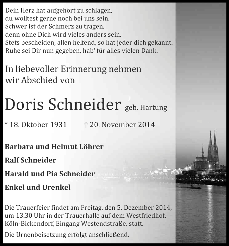  Traueranzeige für Doris Schneider vom 29.11.2014 aus Kölner Stadt-Anzeiger / Kölnische Rundschau / Express