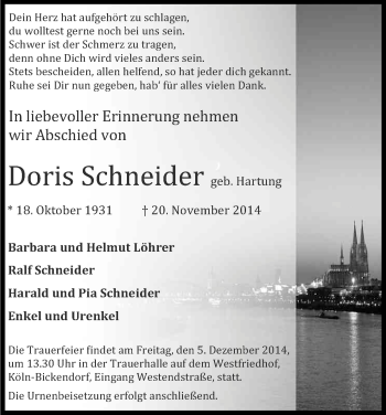 Anzeige von Doris Schneider von Kölner Stadt-Anzeiger / Kölnische Rundschau / Express