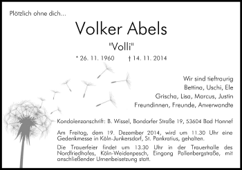 Anzeige von Volker Abels von Kölner Stadt-Anzeiger / Kölnische Rundschau / Express