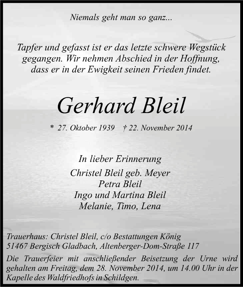  Traueranzeige für Gerhard Bleil vom 25.11.2014 aus Kölner Stadt-Anzeiger / Kölnische Rundschau / Express