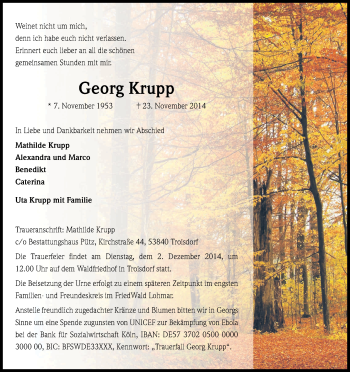 Anzeige von Georg Krupp von Kölner Stadt-Anzeiger / Kölnische Rundschau / Express