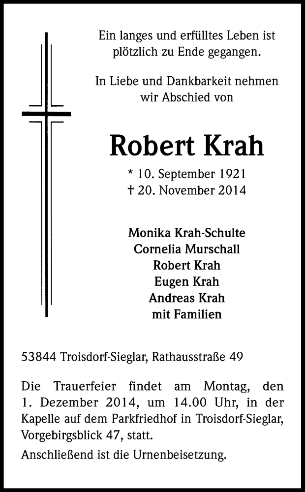  Traueranzeige für Robert Krah vom 26.11.2014 aus Kölner Stadt-Anzeiger / Kölnische Rundschau / Express