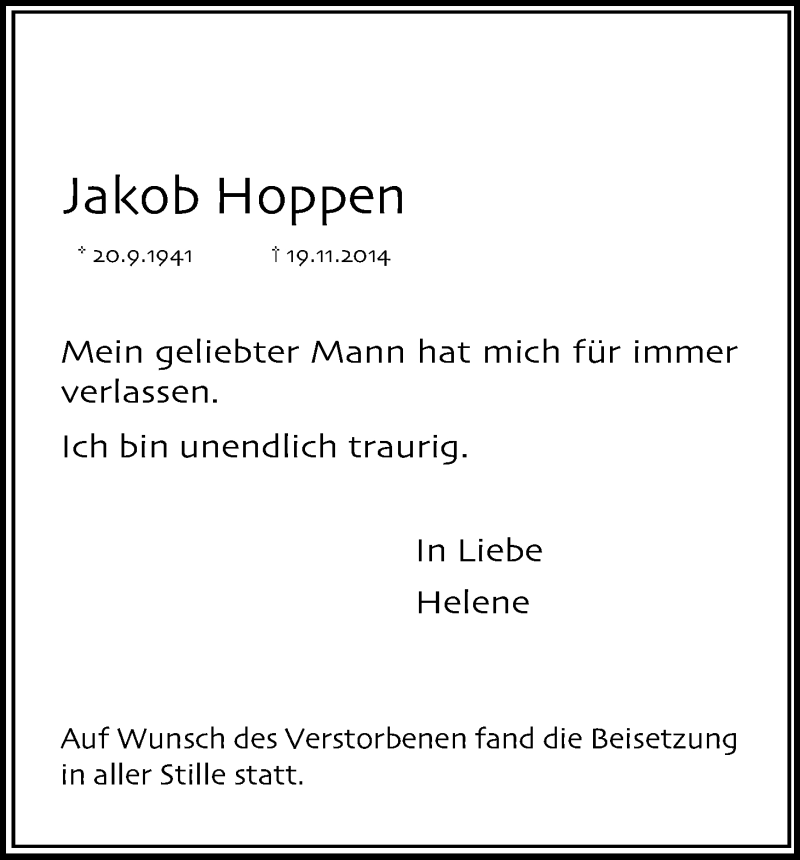  Traueranzeige für Jakob Hoppen vom 03.12.2014 aus Kölner Stadt-Anzeiger / Kölnische Rundschau / Express