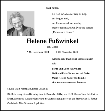 Anzeige von Helene Fußwinkel von Kölner Stadt-Anzeiger / Kölnische Rundschau / Express
