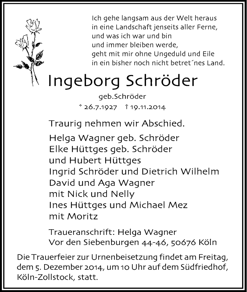  Traueranzeige für Ingeborg Schröder vom 29.11.2014 aus Kölner Stadt-Anzeiger / Kölnische Rundschau / Express