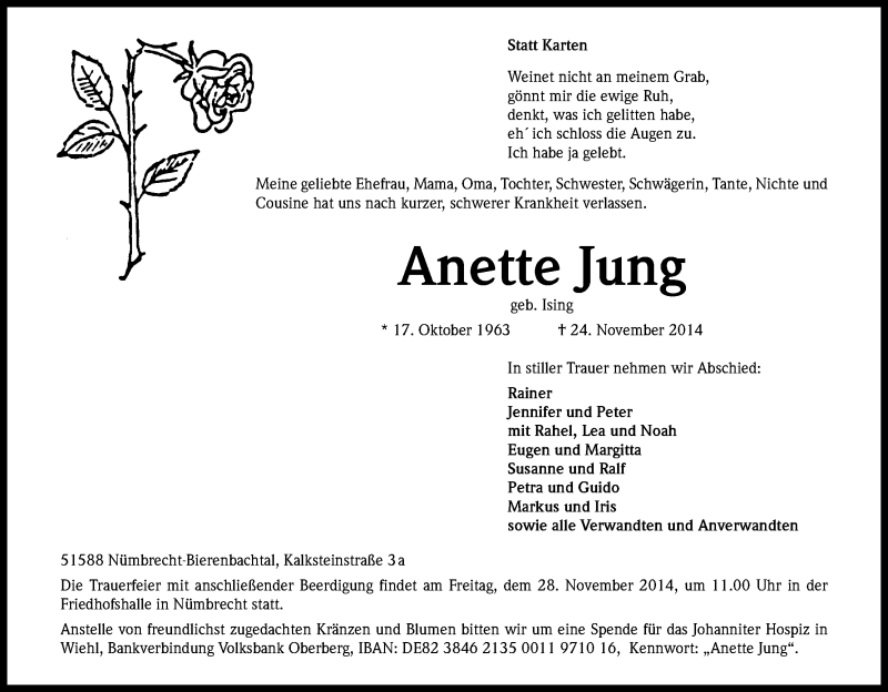  Traueranzeige für Anette Jung vom 26.11.2014 aus Kölner Stadt-Anzeiger / Kölnische Rundschau / Express