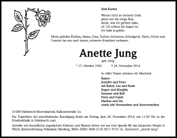 Anzeige von Anette Jung von Kölner Stadt-Anzeiger / Kölnische Rundschau / Express