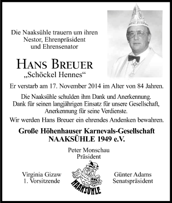 Anzeige von Hans Breuer von Kölner Stadt-Anzeiger / Kölnische Rundschau / Express