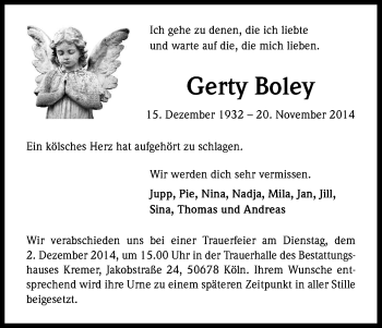 Anzeige von Gerty Boley von Kölner Stadt-Anzeiger / Kölnische Rundschau / Express