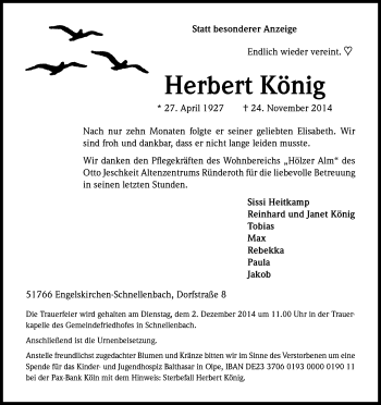 Anzeige von Herbert König von Kölner Stadt-Anzeiger / Kölnische Rundschau / Express