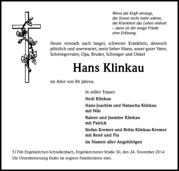 Anzeige von Hans Klinkau von Kölner Stadt-Anzeiger / Kölnische Rundschau / Express