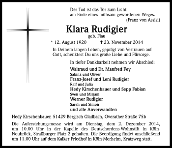 Anzeige von Klara Rudigier von Kölner Stadt-Anzeiger / Kölnische Rundschau / Express