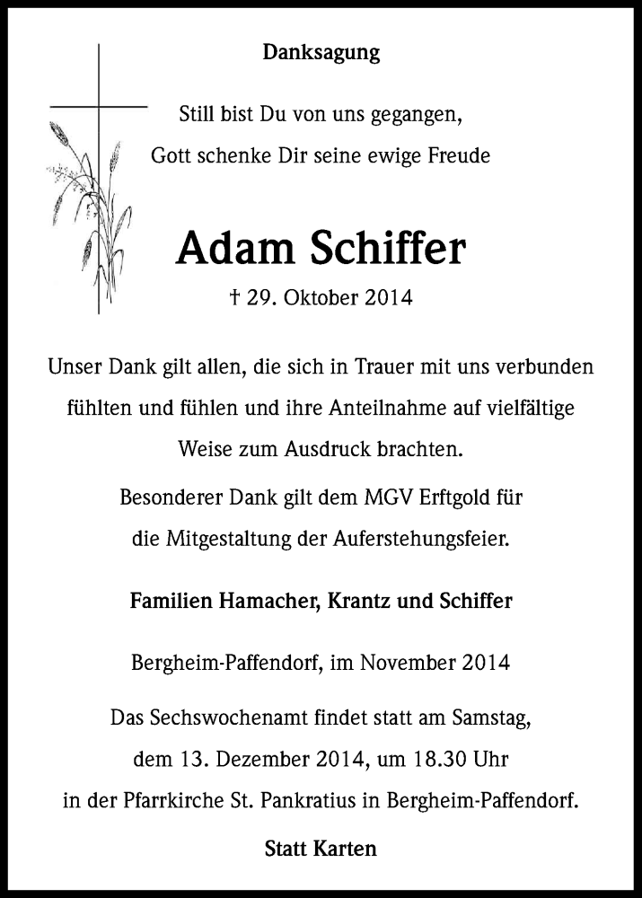  Traueranzeige für Adam Schiffer vom 03.12.2014 aus Kölner Stadt-Anzeiger / Kölnische Rundschau / Express