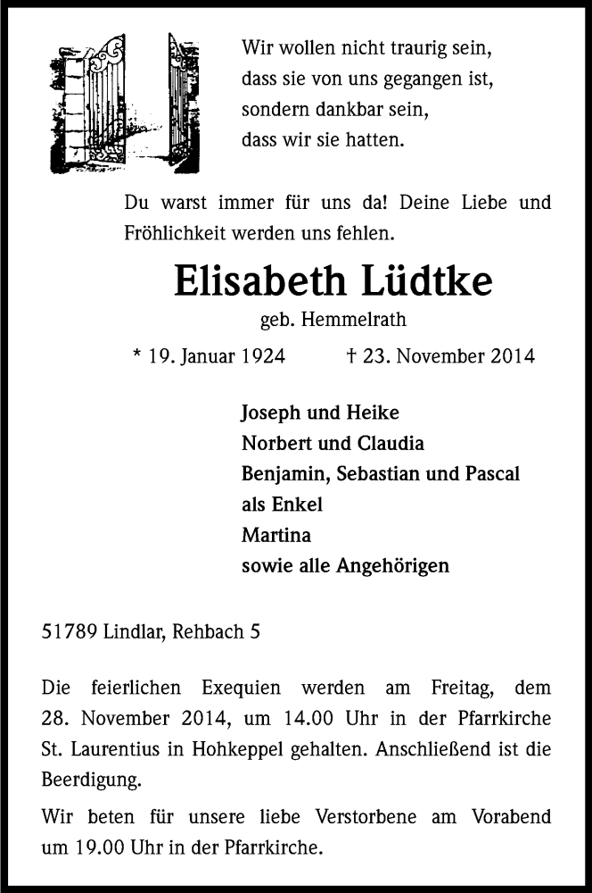  Traueranzeige für Elisabeth Lüdtke vom 26.11.2014 aus Kölner Stadt-Anzeiger / Kölnische Rundschau / Express