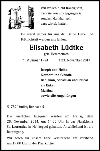 Anzeige von Elisabeth Lüdtke von Kölner Stadt-Anzeiger / Kölnische Rundschau / Express