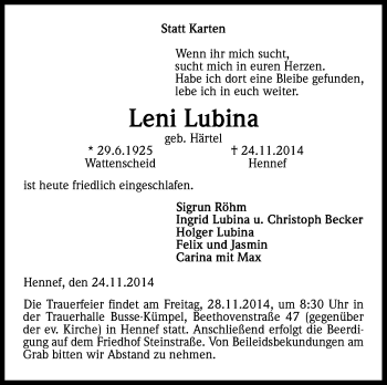 Anzeige von Leni Lubina von Kölner Stadt-Anzeiger / Kölnische Rundschau / Express
