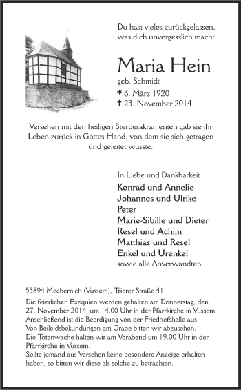 Anzeige von Maria Hein von Kölner Stadt-Anzeiger / Kölnische Rundschau / Express