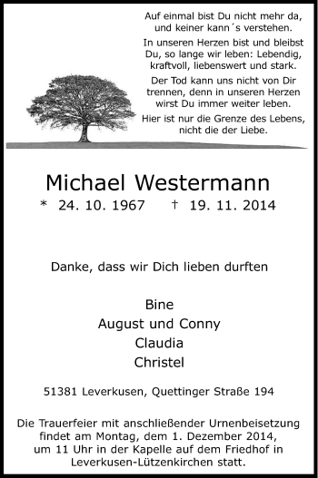 Anzeige von Michael Westermann von Kölner Stadt-Anzeiger / Kölnische Rundschau / Express