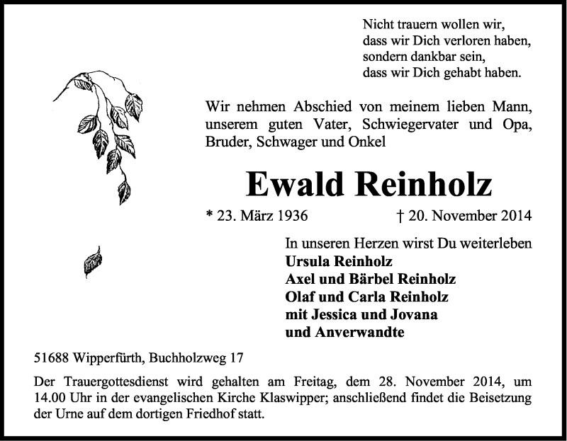  Traueranzeige für Ewald Reinholz vom 26.11.2014 aus Kölner Stadt-Anzeiger / Kölnische Rundschau / Express