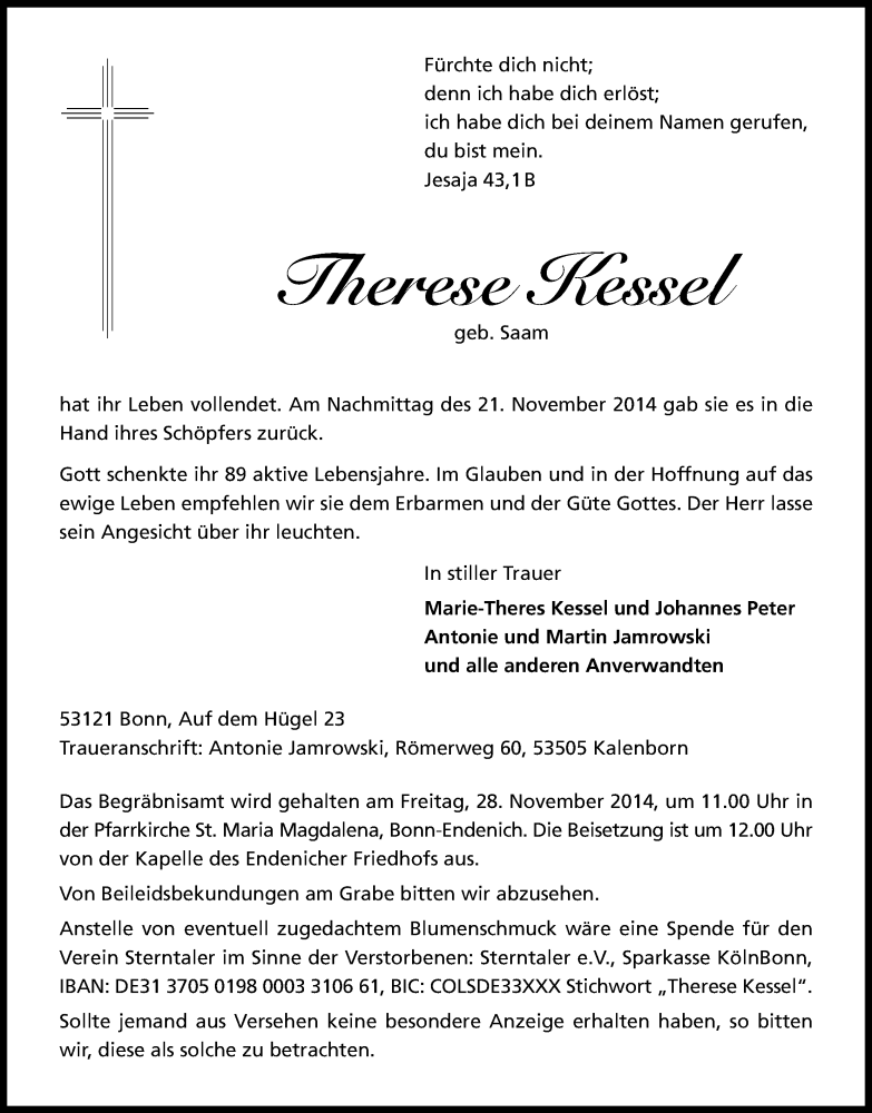  Traueranzeige für Therese Kessel vom 26.11.2014 aus Kölner Stadt-Anzeiger / Kölnische Rundschau / Express