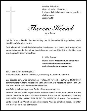 Anzeige von Therese Kessel von Kölner Stadt-Anzeiger / Kölnische Rundschau / Express