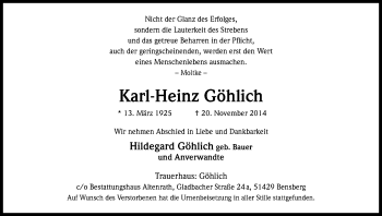 Anzeige von Karl-Heinz Göhlich von Kölner Stadt-Anzeiger / Kölnische Rundschau / Express