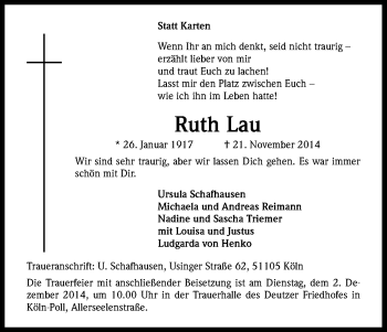 Anzeige von Ruth Lau von Kölner Stadt-Anzeiger / Kölnische Rundschau / Express