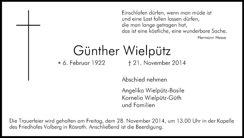  Traueranzeige für Günther Wielpütz vom 26.11.2014 aus Kölner Stadt-Anzeiger / Kölnische Rundschau / Express