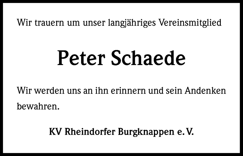  Traueranzeige für Peter Schaede vom 26.11.2014 aus Kölner Stadt-Anzeiger / Kölnische Rundschau / Express