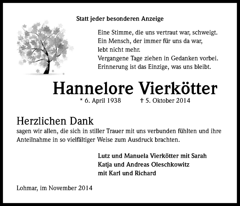  Traueranzeige für Hannelore Vierkötter vom 29.11.2014 aus Kölner Stadt-Anzeiger / Kölnische Rundschau / Express