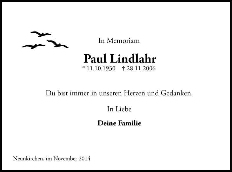  Traueranzeige für Paul Lindlahr vom 28.11.2014 aus Kölner Stadt-Anzeiger / Kölnische Rundschau / Express