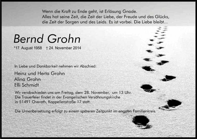 Traueranzeige für Bernd Grohn vom 26.11.2014 aus Kölner Stadt-Anzeiger / Kölnische Rundschau / Express