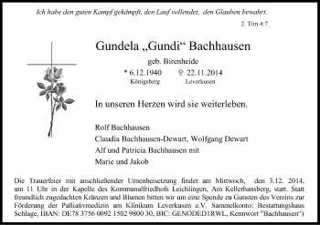Anzeige von Gundela Bachhausen von Kölner Stadt-Anzeiger / Kölnische Rundschau / Express