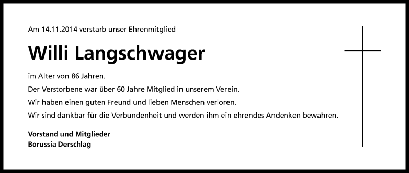 Traueranzeige für Willi Langschwager vom 28.11.2014 aus Kölner Stadt-Anzeiger / Kölnische Rundschau / Express
