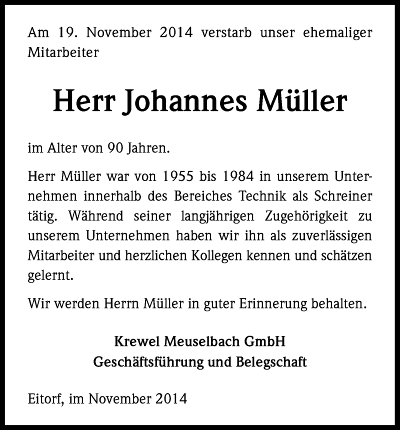  Traueranzeige für Johannes Müller vom 26.11.2014 aus Kölner Stadt-Anzeiger / Kölnische Rundschau / Express
