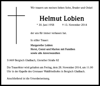 Anzeige von Helmut Lobien von Kölner Stadt-Anzeiger / Kölnische Rundschau / Express