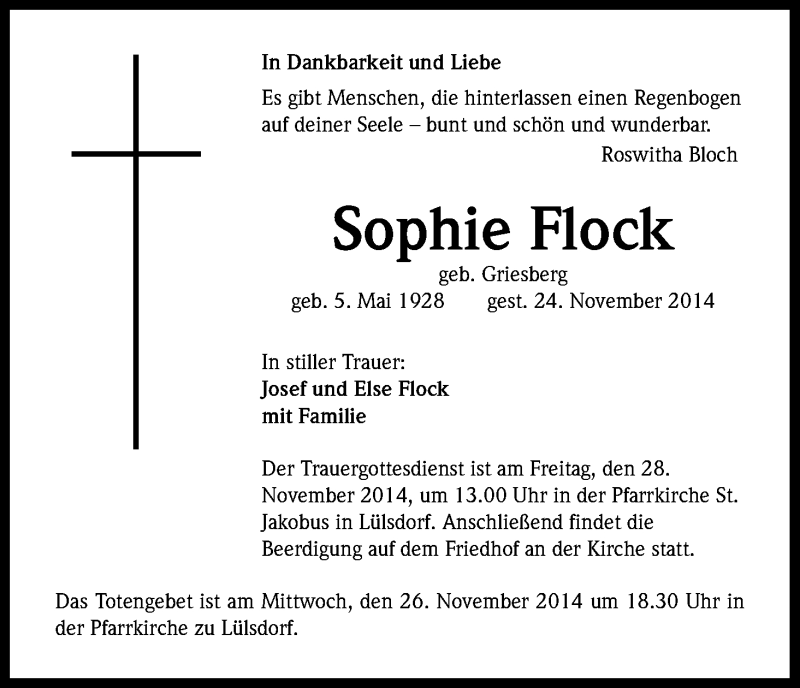  Traueranzeige für Sophie Flock vom 26.11.2014 aus Kölner Stadt-Anzeiger / Kölnische Rundschau / Express